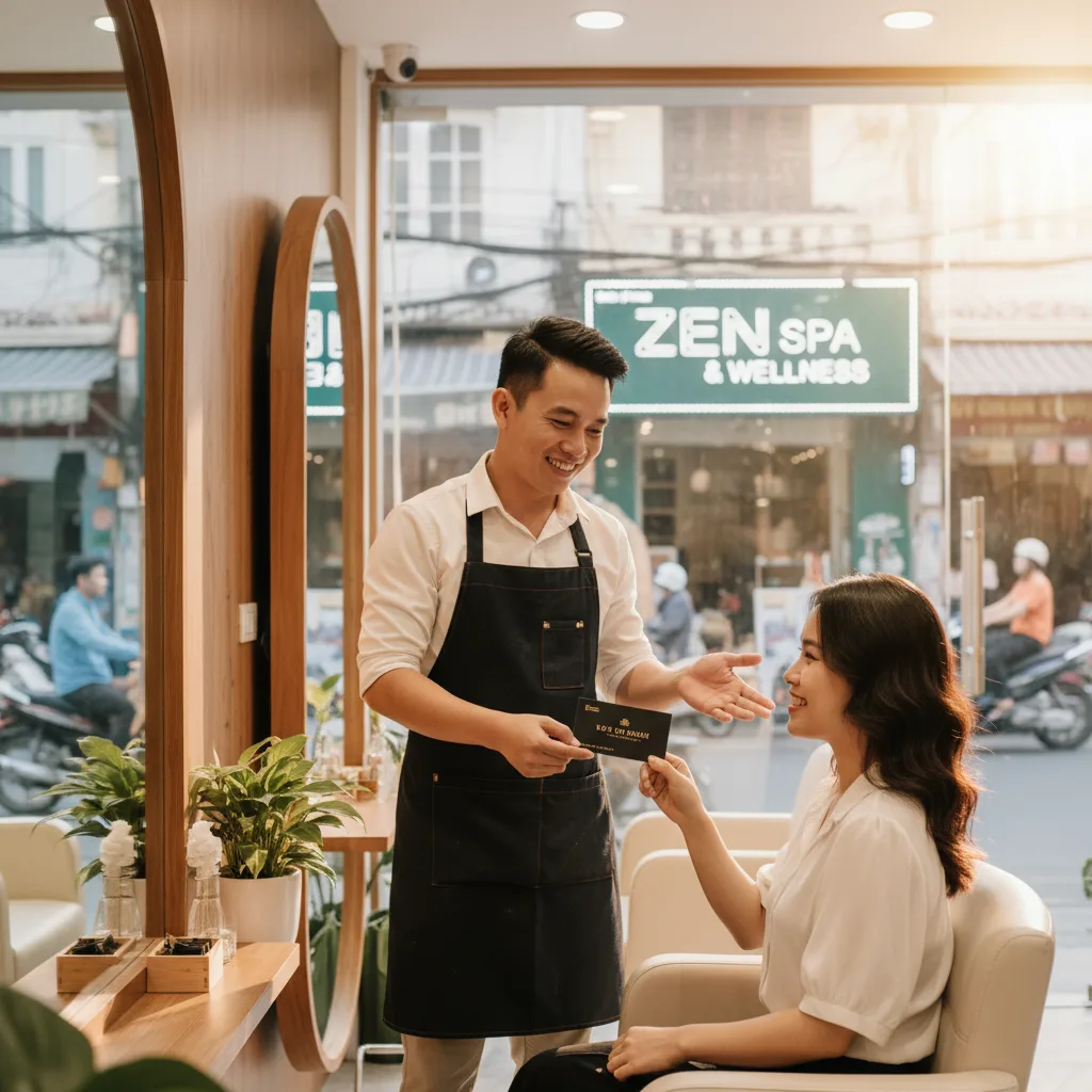Standee QR Code ưu đãi spa đặt trên bàn cafe để thu hút khách hàng tiềm năng khu vực lân cận.