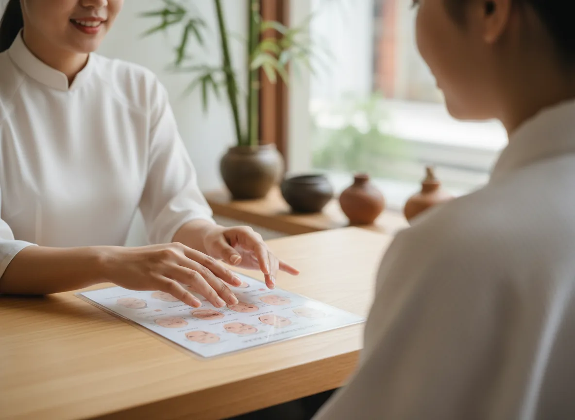 Nhân viên lễ tân spa cúi chào khách hàng nồng nhiệt tại không gian sảnh chờ sang trọng và thư giãn.