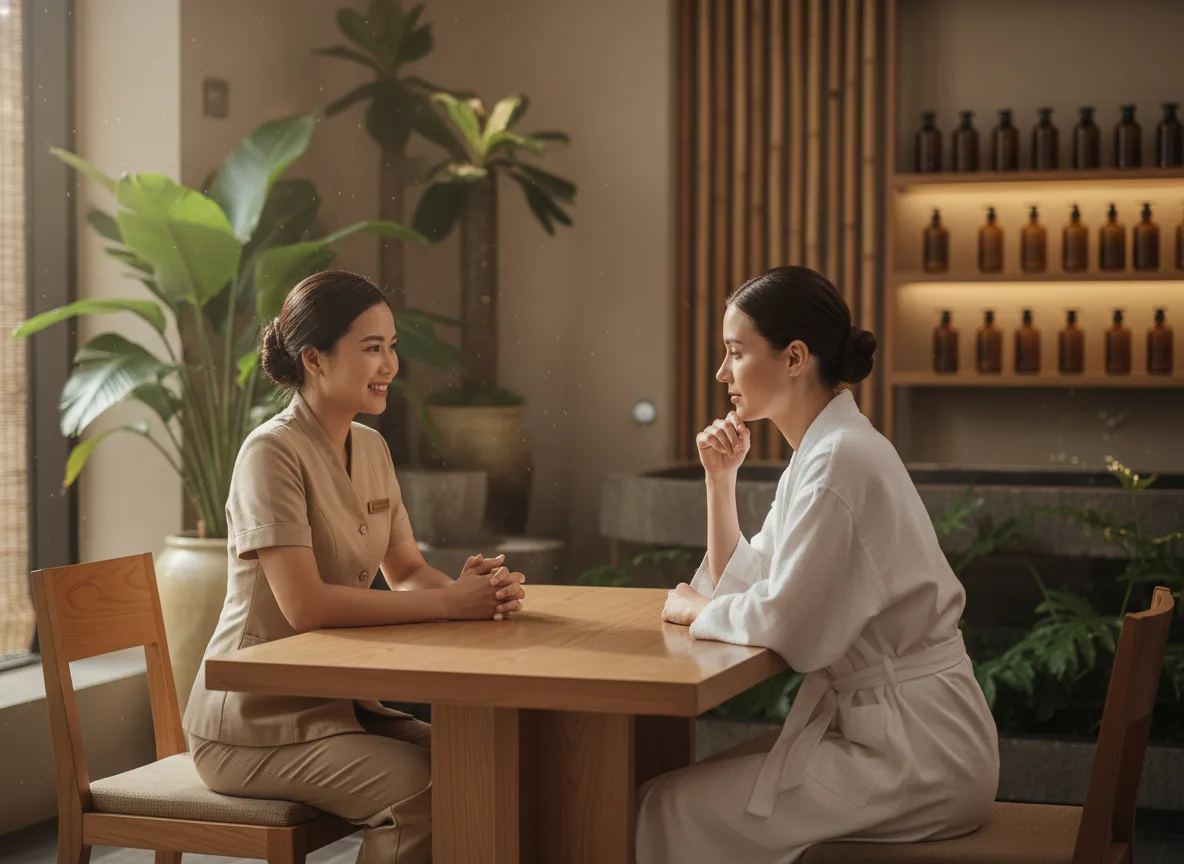 Cuốn sổ tay ghi chép và ly trà trên bàn, gợi ý việc bắt đầu lên kế hoạch nội dung spa ngay hôm nay.
