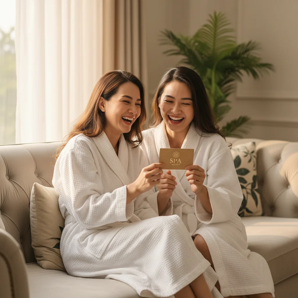Nhân viên spa chuyên nghiệp trao hộp quà sang trọng cho khách hàng thay vì giảm giá tiền mặt.