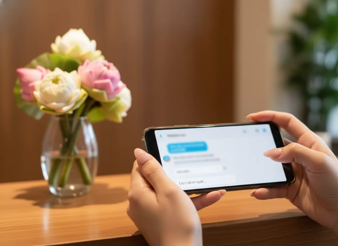 Nhân viên lễ tân mời khách quét mã QR đánh giá nhanh chóng, thân thiện ngay tại quầy thu ngân.