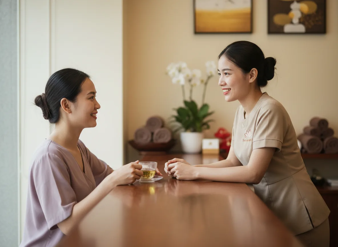 Hình ảnh không gian phòng tắm spa hiển thị sắc nét trên màn hình điện thoại bên cạnh tách trà nóng.
