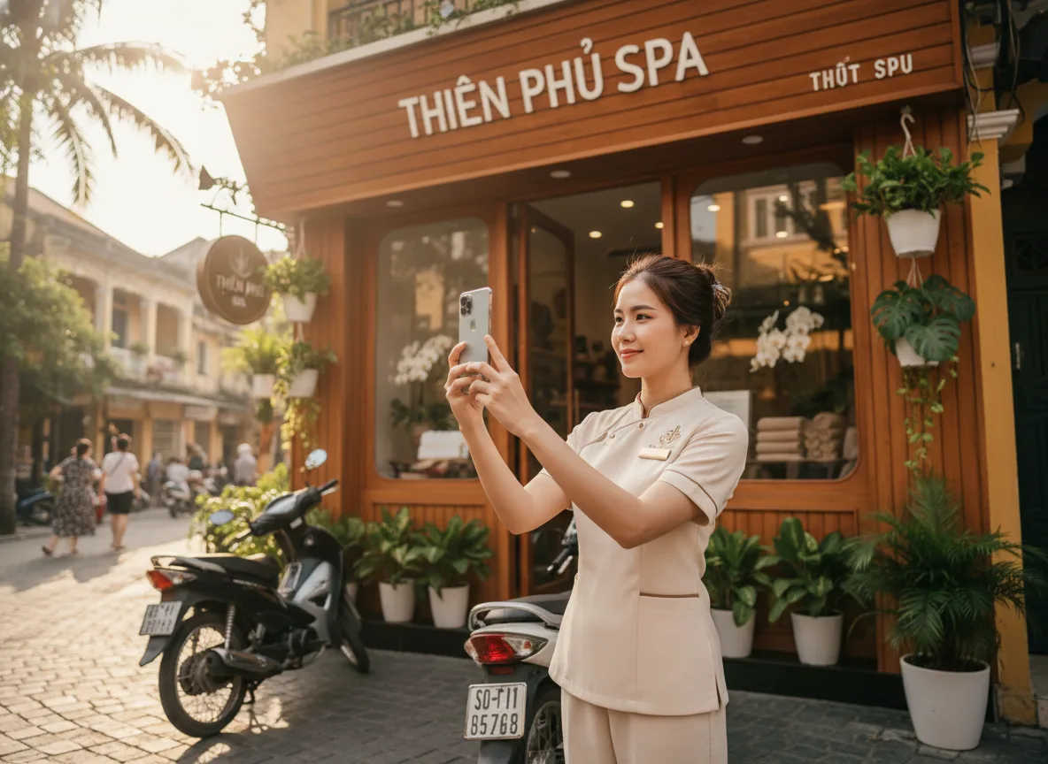 Hình ảnh mặt tiền Spa rõ ràng biển hiệu và cửa kính giúp khách hàng dễ dàng nhận diện địa điểm.