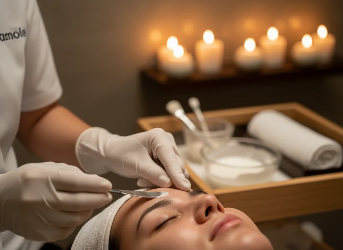 Nhân viên lễ tân spa đang tư vấn nhiệt tình cho khách hàng tại quầy trong không gian ấm cúng.