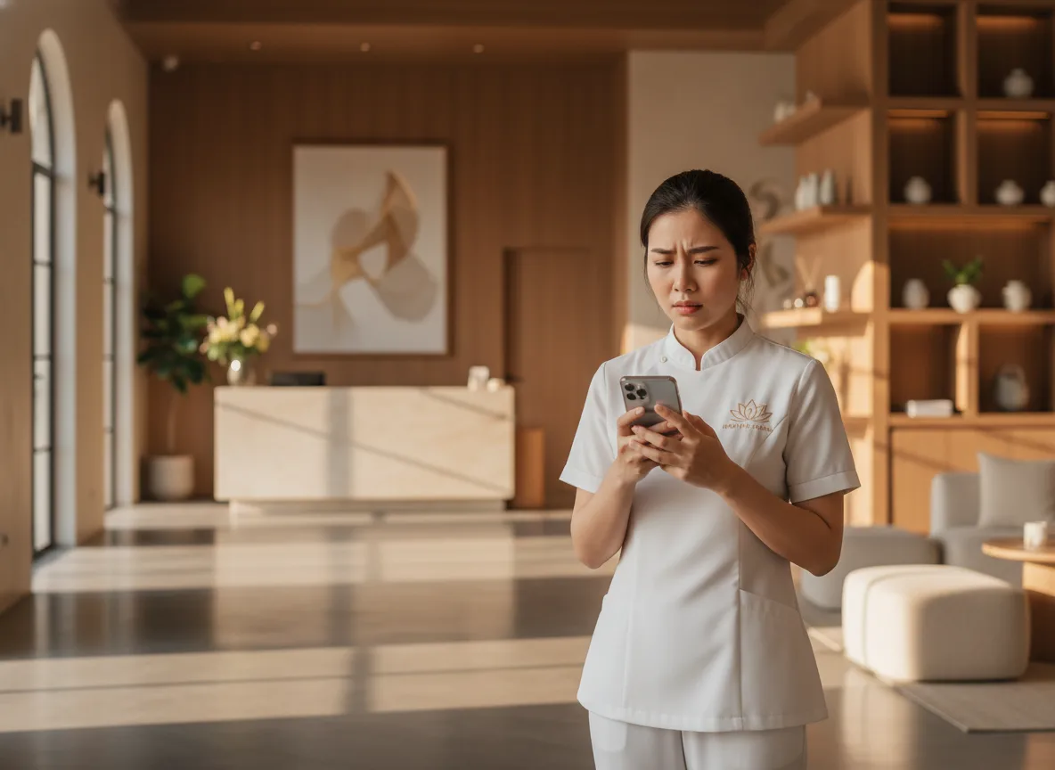 Nhân viên spa bối rối nhìn điện thoại khi tìm kiếm google maps spa không hiển thị địa điểm.