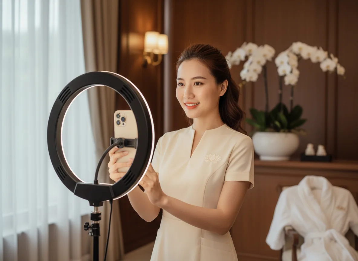 Nữ chủ doanh nghiệp spa đang quay video chia sẻ kiến thức để tối ưu hóa hệ thống content thương hiệu cá nhân của mình trên mạng xã hội.