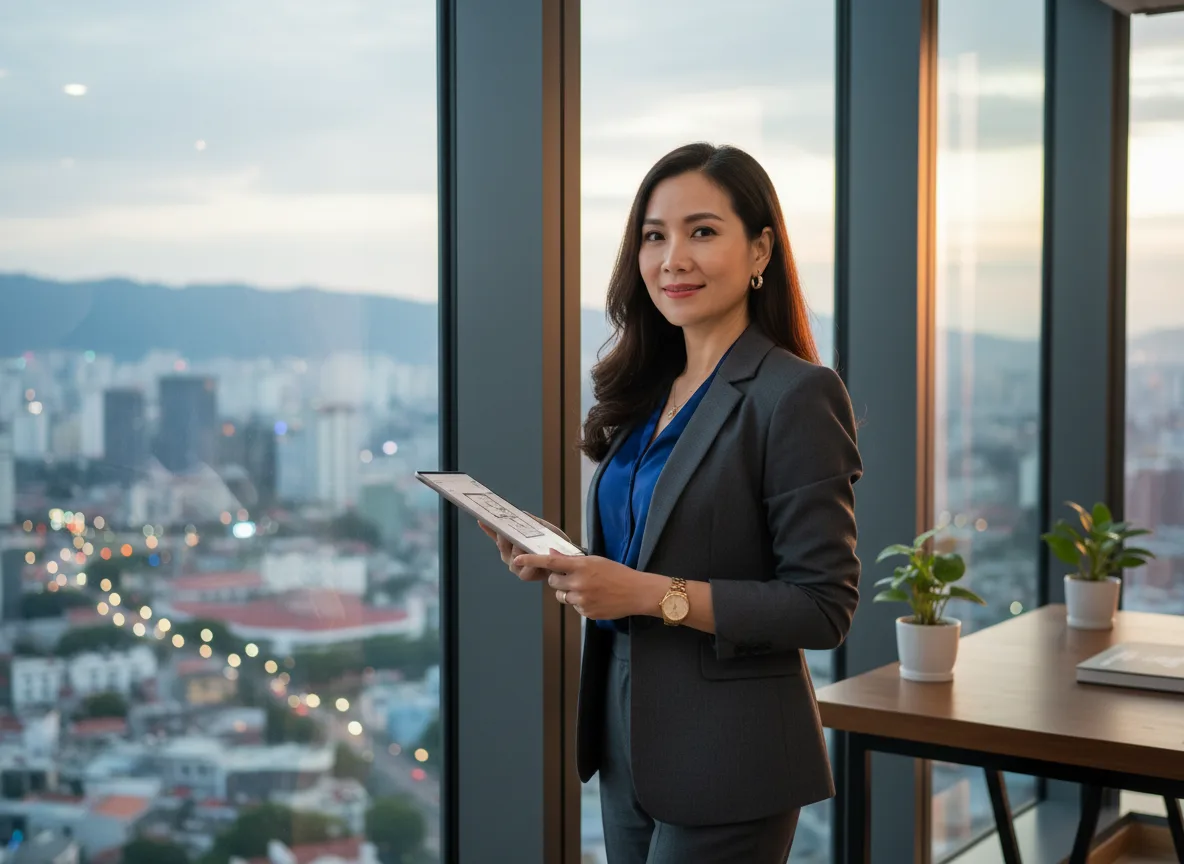 Doanh nhân trẻ tự tin ngắm nhìn thành quả sau khi vận hành thành công hệ thống content thương hiệu cá nhân giúp gia tăng uy tín trên thị trường.