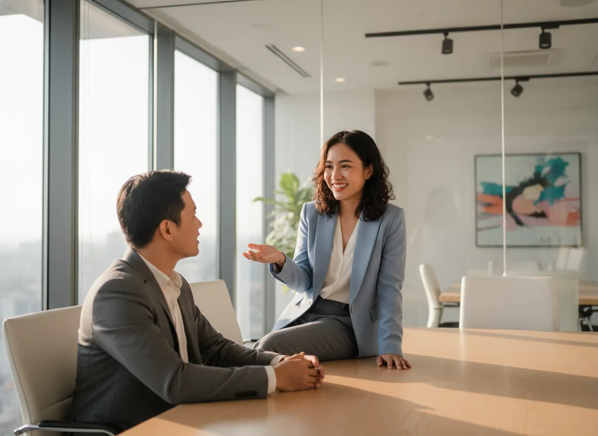 Chuyên gia tư vấn người Việt đang chia sẻ về cách vận hành hệ thống content thương hiệu cá nhân cho khách hàng tại văn phòng.