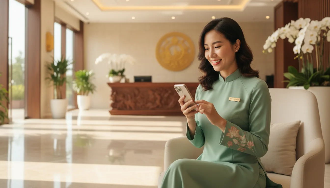 Chuyên gia tư vấn đang thực hiện kịch bản chốt sale spa trên điện thoại thông minh tại không gian spa sang trọng và đẳng cấp.