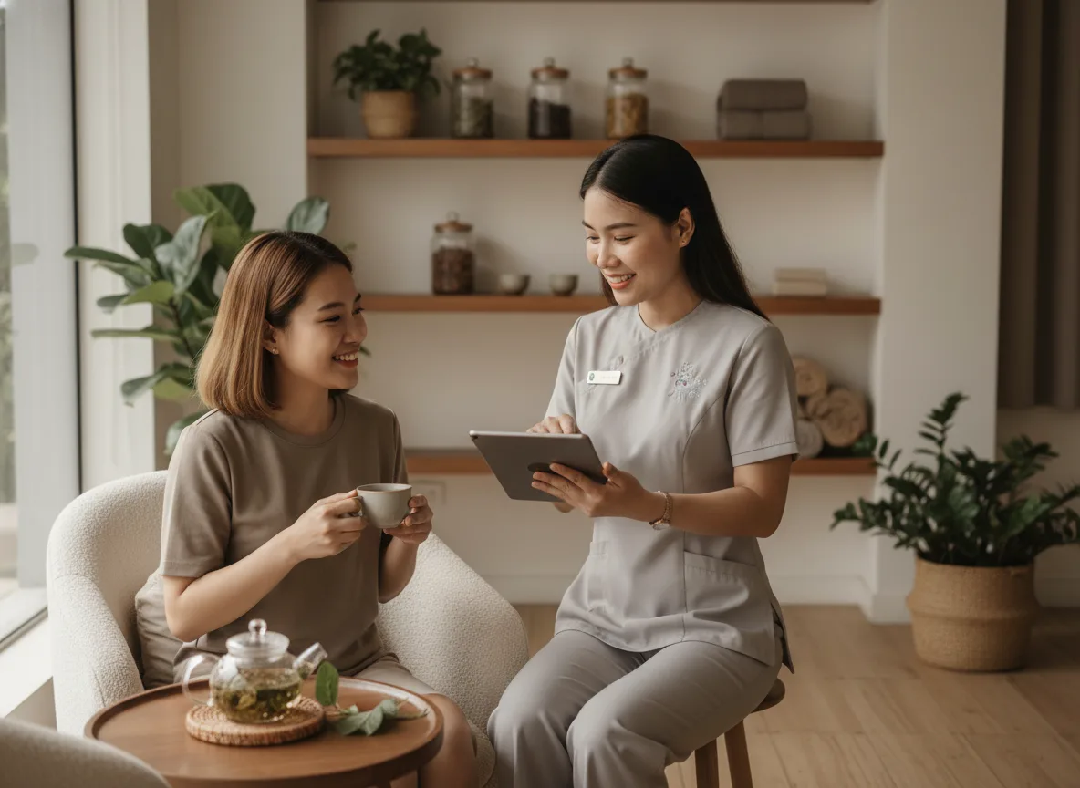 Chủ tiệm nail đang dùng điện thoại chụp hình bộ móng mới làm cho khách để đăng lên Maps.