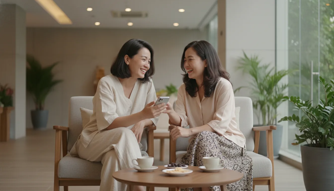 Hai khách hàng nữ người Việt đang thảo luận vui vẻ về dịch vụ khi tìm hiểu referral spa là gì tại một cơ sở thẩm mỹ hiện đại.