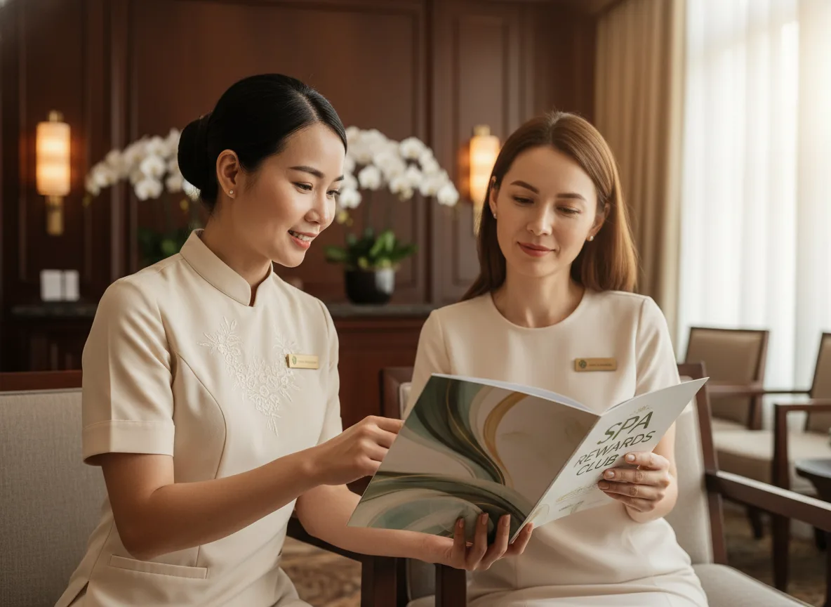 Nhân viên tư vấn spa đang giải thích cho khách hàng về referral spa là gì cùng những ưu đãi đặc biệt khi giới thiệu thêm bạn bè tới sử dụng.