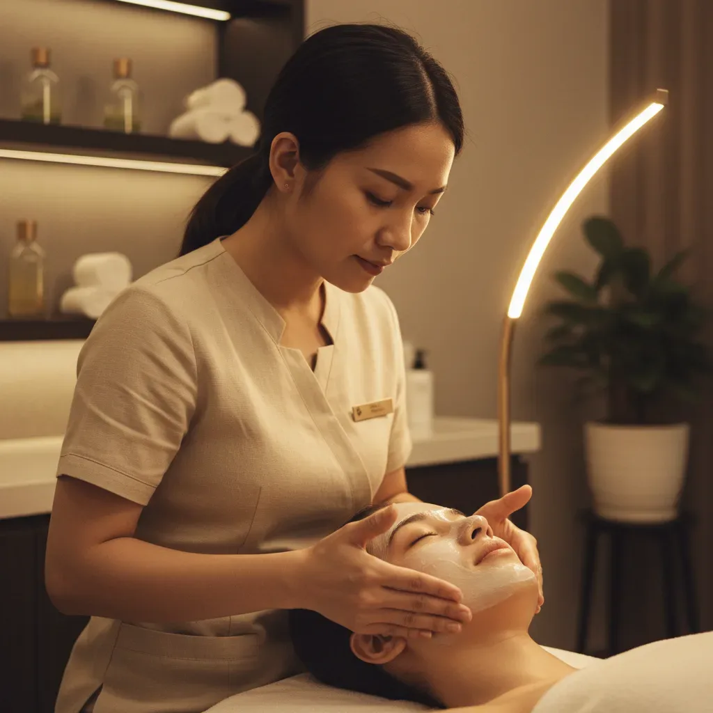 Nữ nhân viên văn phòng đang tìm kiếm địa chỉ làm đẹp uy tín trên điện thoại sau giờ làm việc.