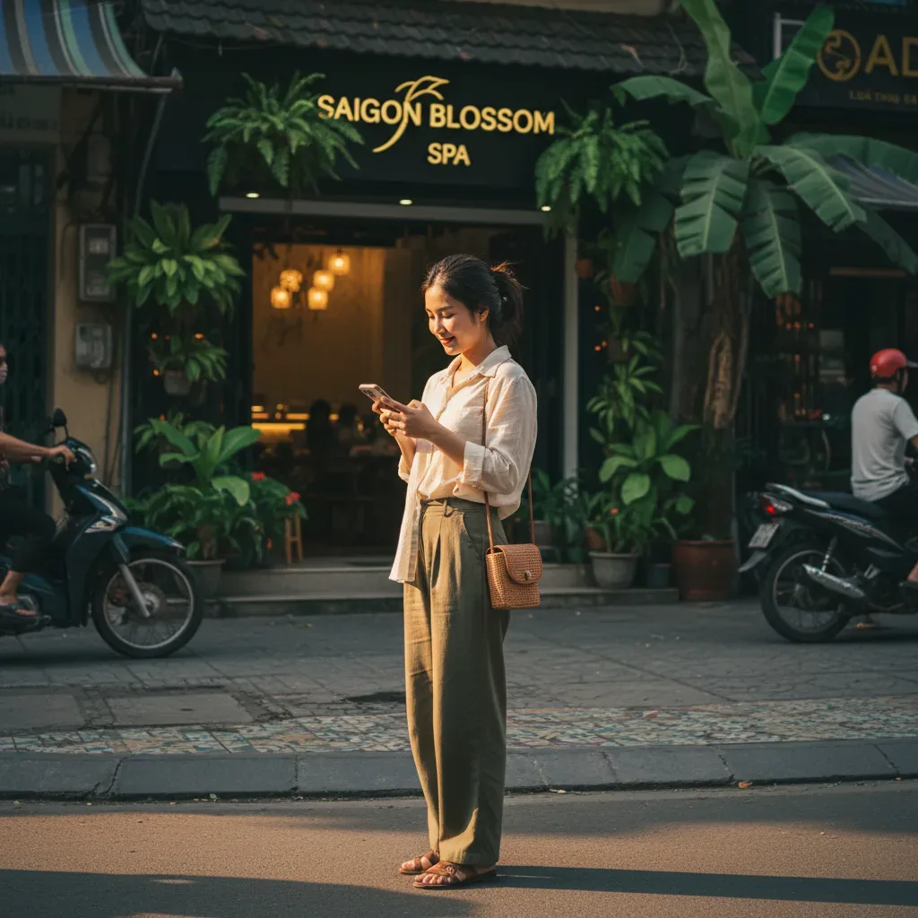 Nhân viên lễ tân hướng dẫn khách hàng quét mã QR tại quầy để để lại đánh giá 5 sao trên Google Maps.