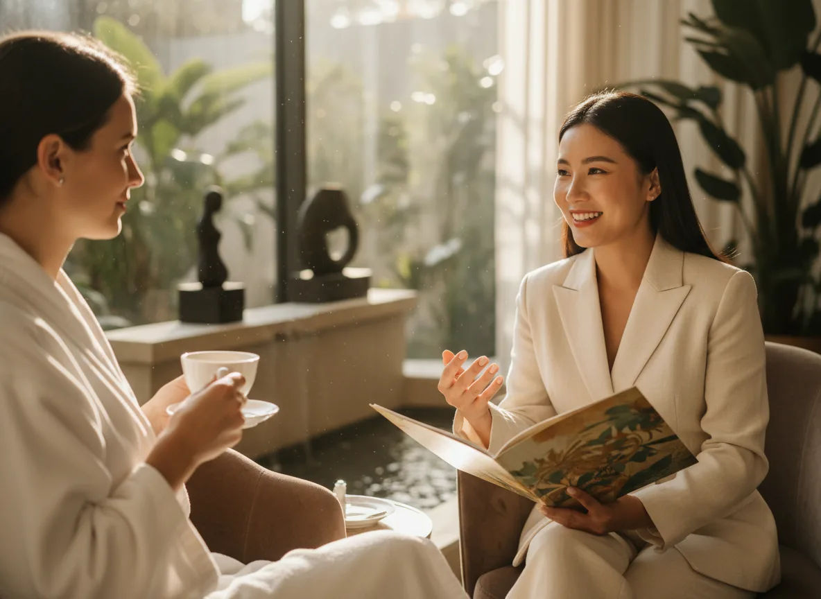 Chuyên gia đang tư vấn giải pháp làm đẹp cá nhân hóa nhằm khẳng định giá trị dịch vụ thay vì lựa chọn hợp tác đại trà spa cao cấp.