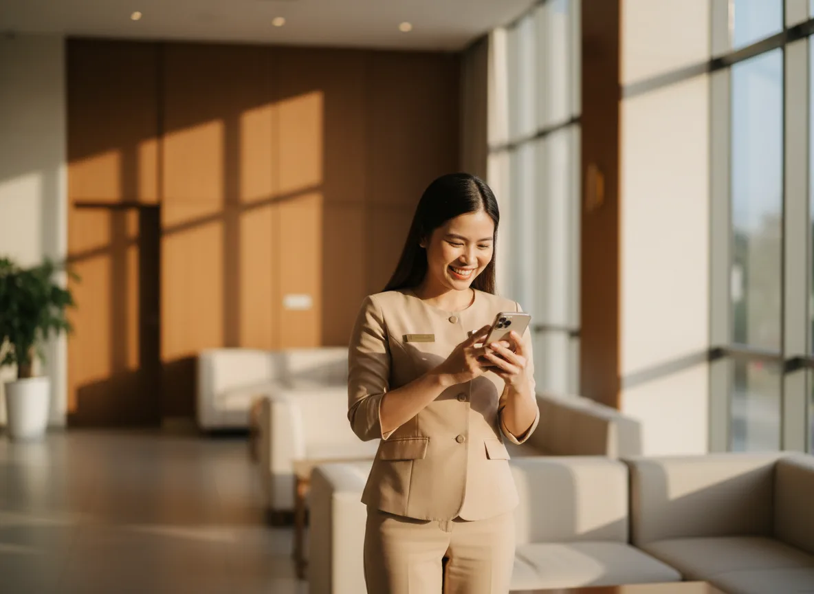 Người dùng sử dụng điện thoại tìm kiếm spa gần đây trên Google Maps ngoài đường phố đông đúc.