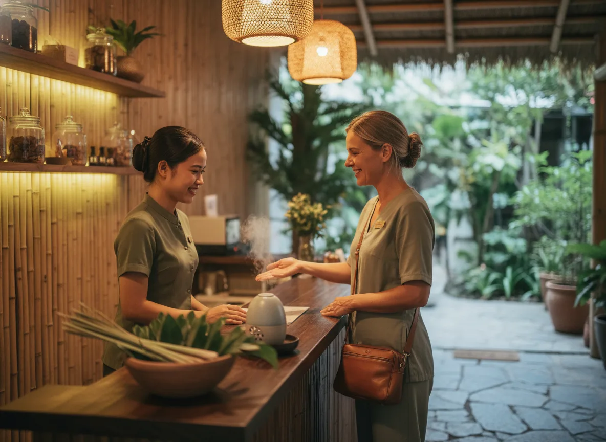 Không gian nội thất spa chuyên nghiệp và nhân viên thân thiện tiếp đón khách hàng đến trải nghiệm dịch vụ.