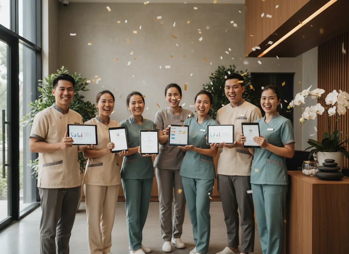 Đội ngũ nhân viên vui mừng khi chiến dịch marketing không còn bị từ khóa bị bóp tương tác facebook làm ảnh hưởng đến hiệu suất.