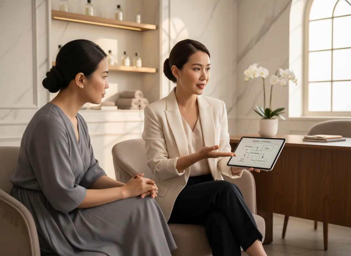 Chuyên gia marketing đang tư vấn cách khắc phục tình trạng dùng từ khóa bị bóp tương tác facebook cho khách hàng tại văn phòng spa.