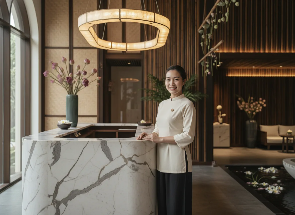 Không gian sảnh đón tiếp sang trọng minh họa cho kết quả của cách đặt tên thương hiệu spa thành công.