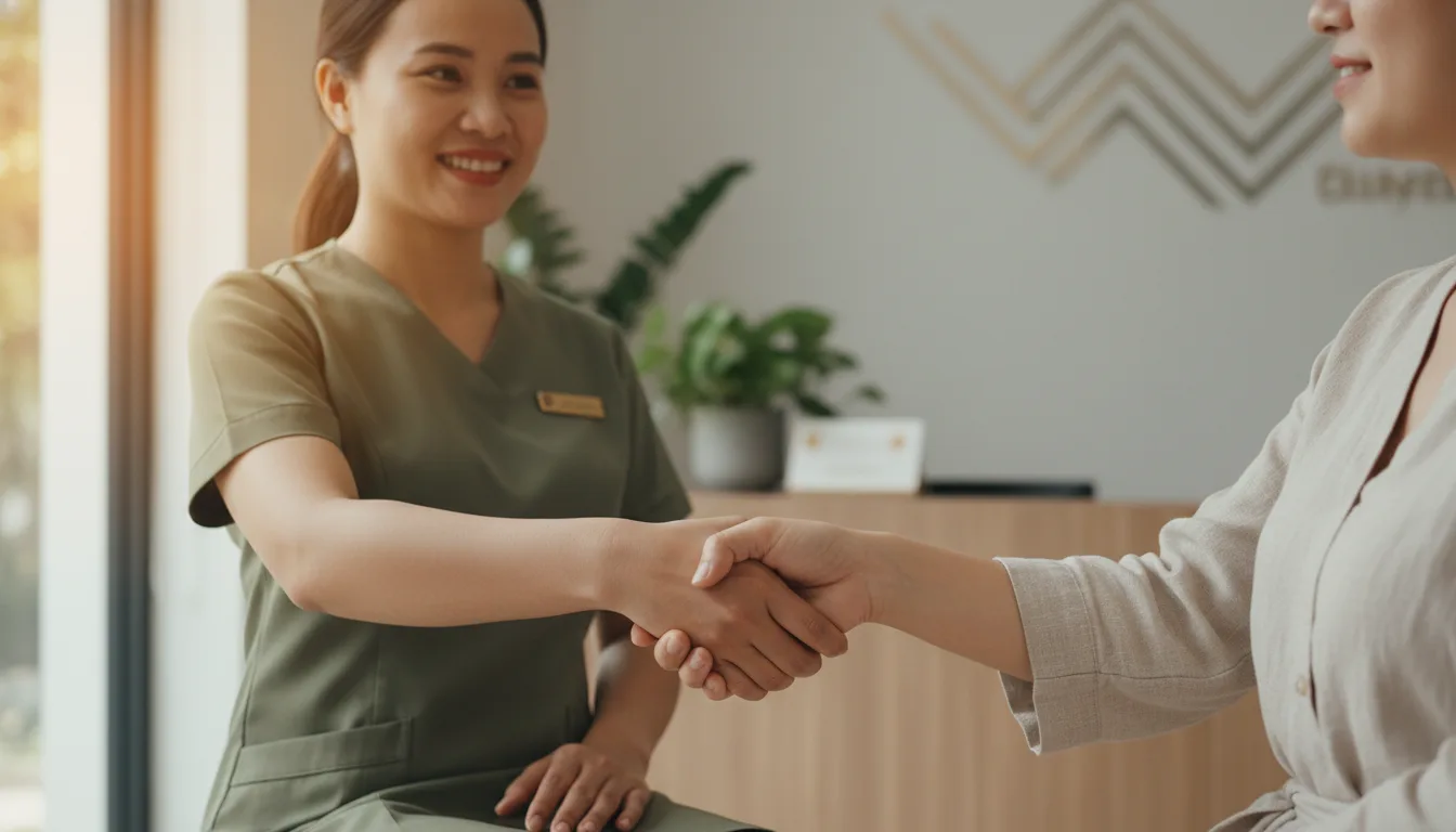 Cái bắt tay thân thiện giữa quản lý và khách hàng sau khi hoàn tất thủ tục quản lý lịch hẹn spa nhanh chóng tại quầy.