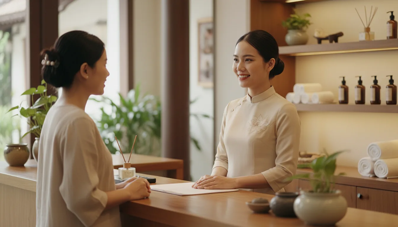Nhân viên lễ tân đang thực hiện quy trình quản lý lịch hẹn spa chuyên nghiệp với nụ cười thân thiện dành cho khách hàng.
