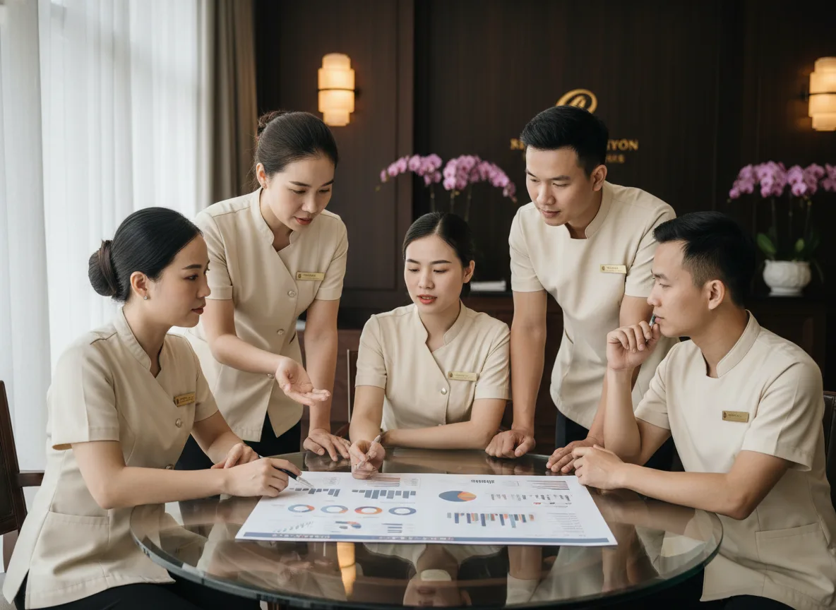 Nhóm tư vấn chuyên nghiệp tại spa đang thảo luận về cách sử dụng hashtag hiệu quả để thu hút khách hàng tiềm năng thông qua các chiến dịch hình ảnh.