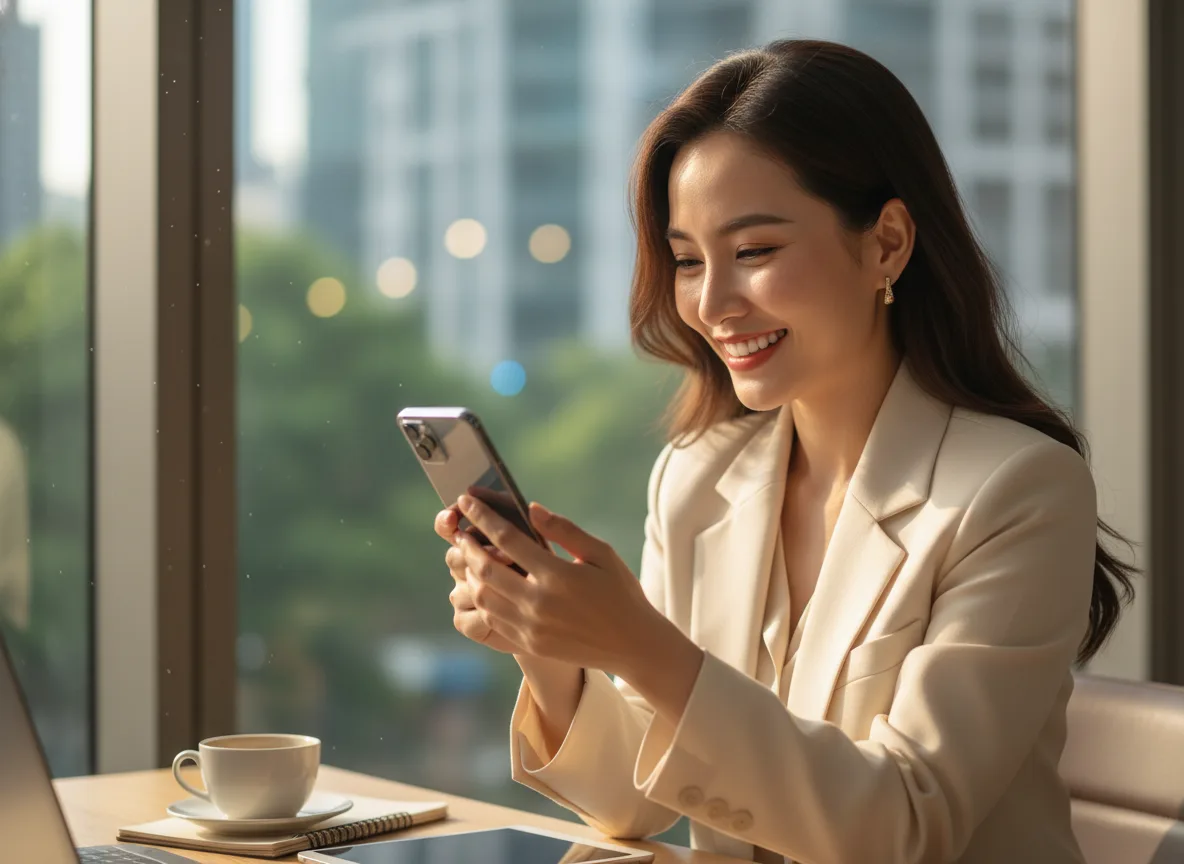 Doanh nhân Việt Nam đang mỉm cười xem điện thoại khi tìm hiểu về cách sử dụng hashtag hiệu quả để phát triển cộng đồng khách hàng trung thành.