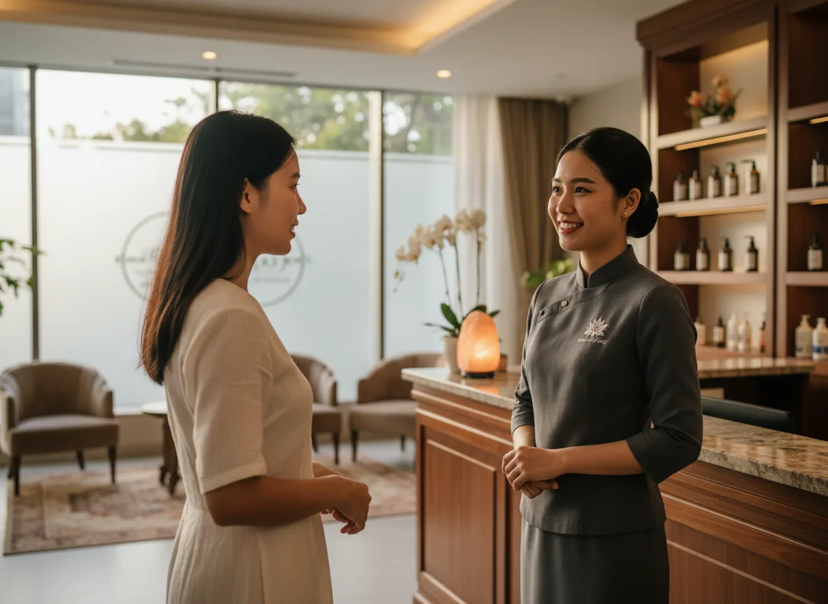 Nhân viên chăm sóc khách hàng đang nhiệt tình hướng dẫn cách tăng doanh thu cho spa bằng việc giới thiệu các gói combo làm đẹp tiết kiệm và phù hợp.