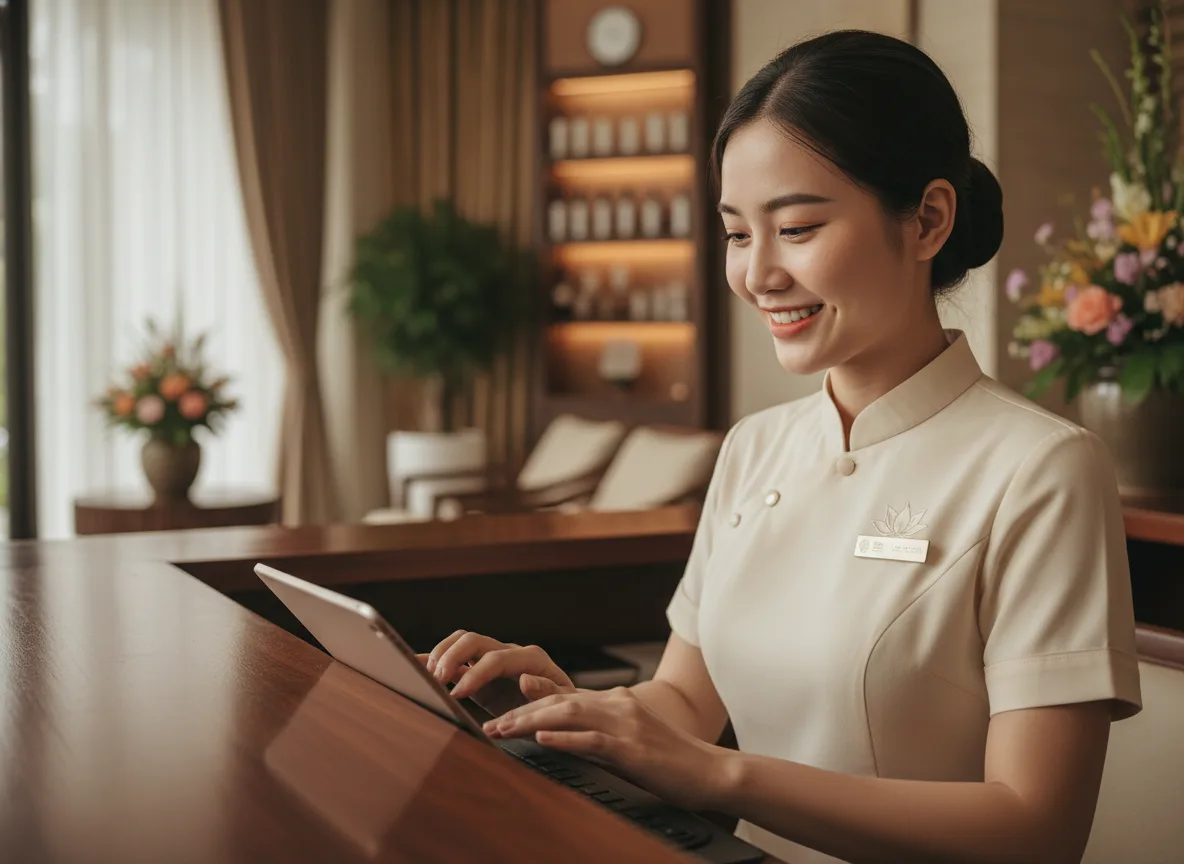 Nhân viên lễ tân áp dụng cách trả lời tin nhắn khách hàng spa để tư vấn dịch vụ làm đẹp.