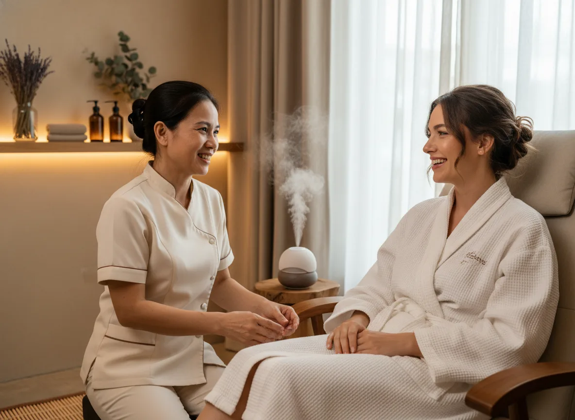 Chuyên viên spa đang tư vấn nhiệt tình cho khách hàng minh họa cho cách viết bài quảng cáo spa đánh trúng tâm lý.