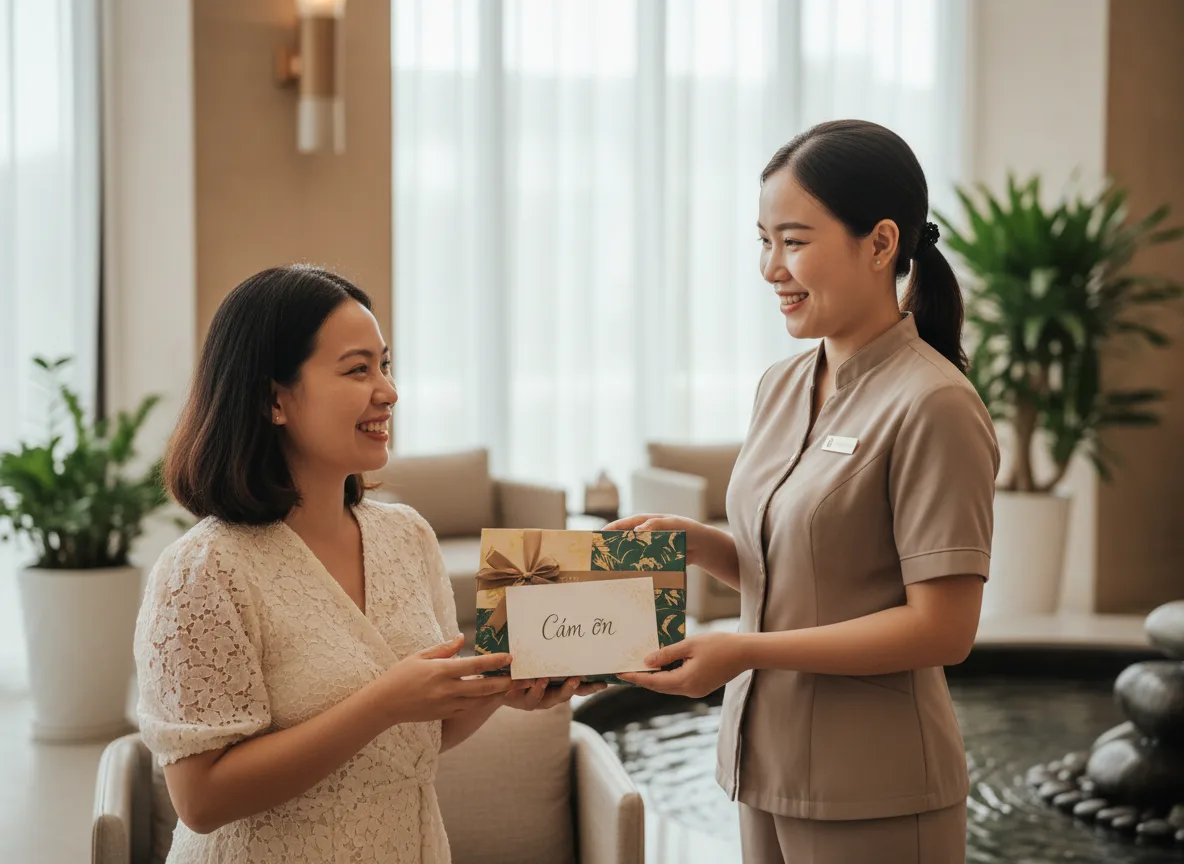 Khách hàng mỉm cười hạnh phúc khi nhận được sự quan tâm đặc biệt từ quy trình Xây dựng trải nghiệm khách hàng Spa tận tâm.