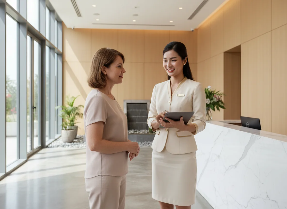 Nhân viên tư vấn nhiệt tình đang trao đổi với khách hàng về lộ trình Xây dựng trải nghiệm khách hàng Spa cá nhân hóa.