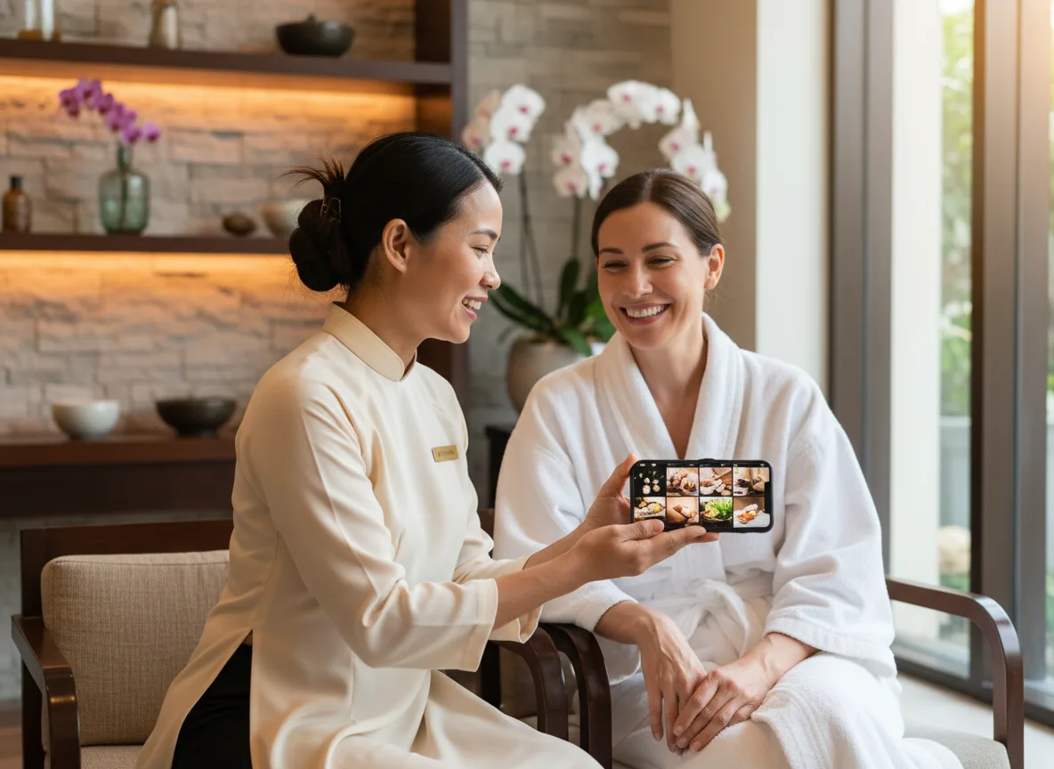 Khách hàng hài lòng với dịch vụ sau khi xem nội dung content marketing cho spa trên mạng.