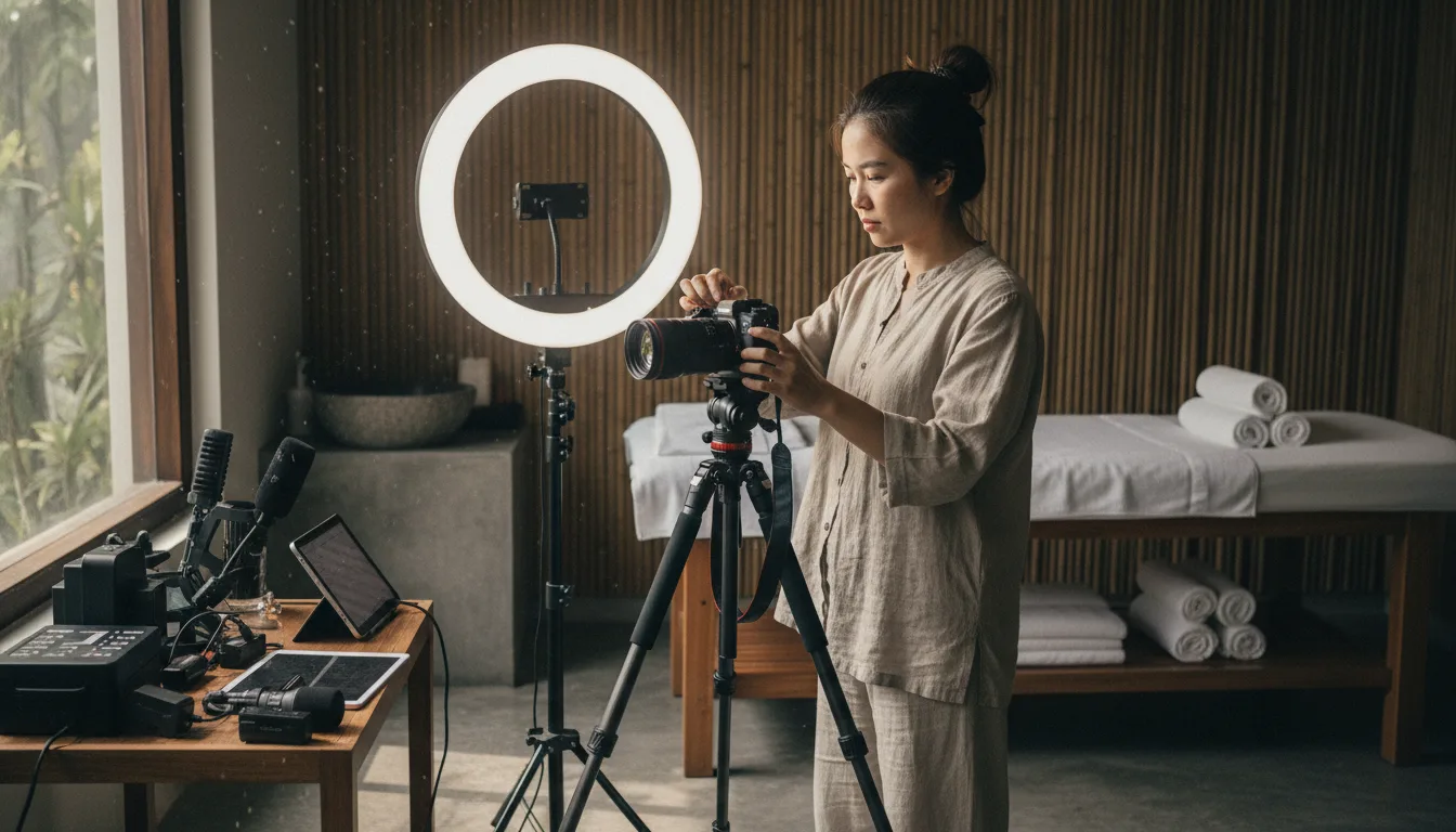 Hậu trường chuẩn bị thiết bị quay phim để làm content marketing cho spa chất lượng cao.