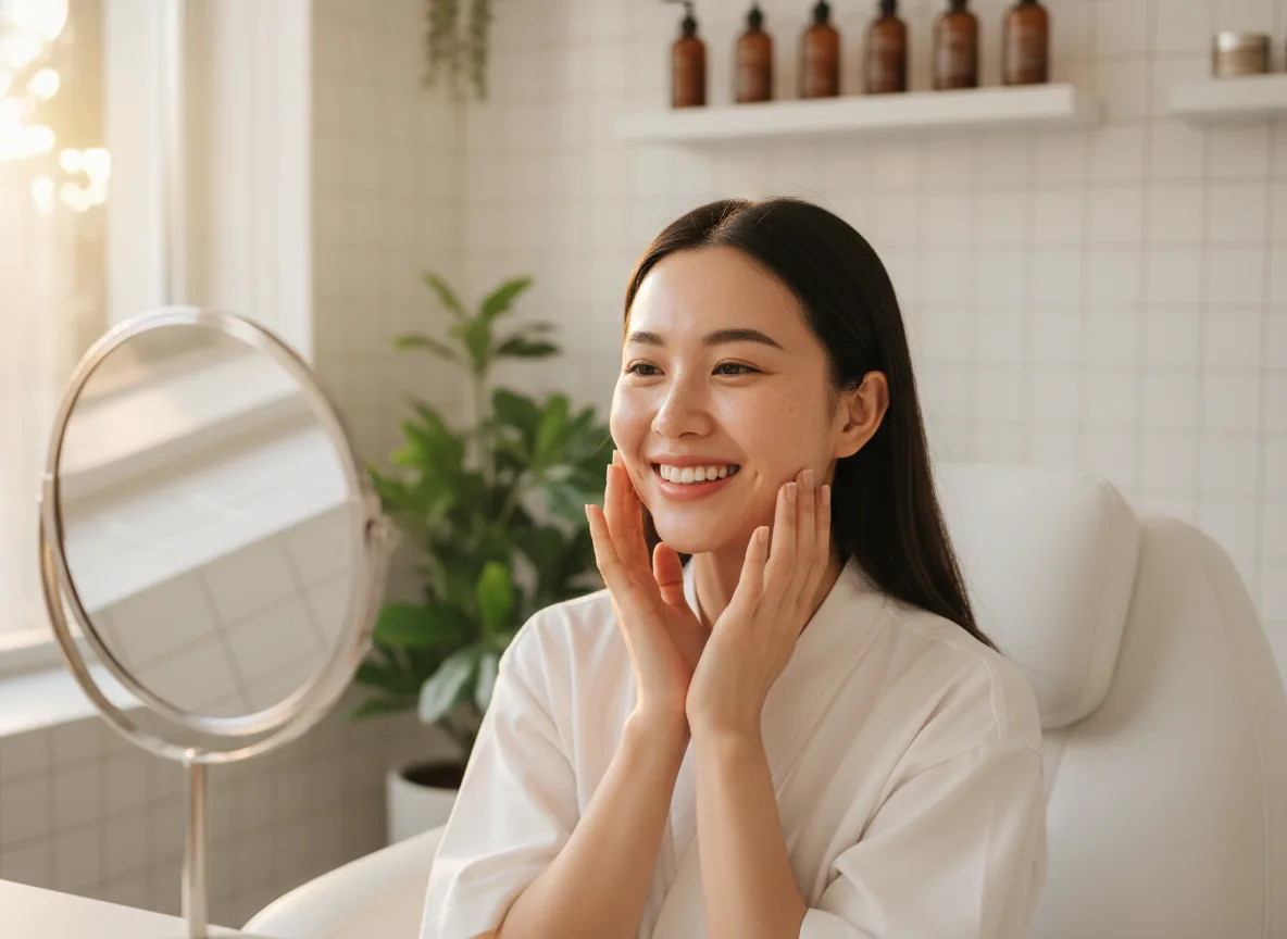 Khách hàng hài lòng mỉm cười sau liệu trình nhờ spa đã giải quyết đúng tâm lý khách hàng spa về sự an toàn.