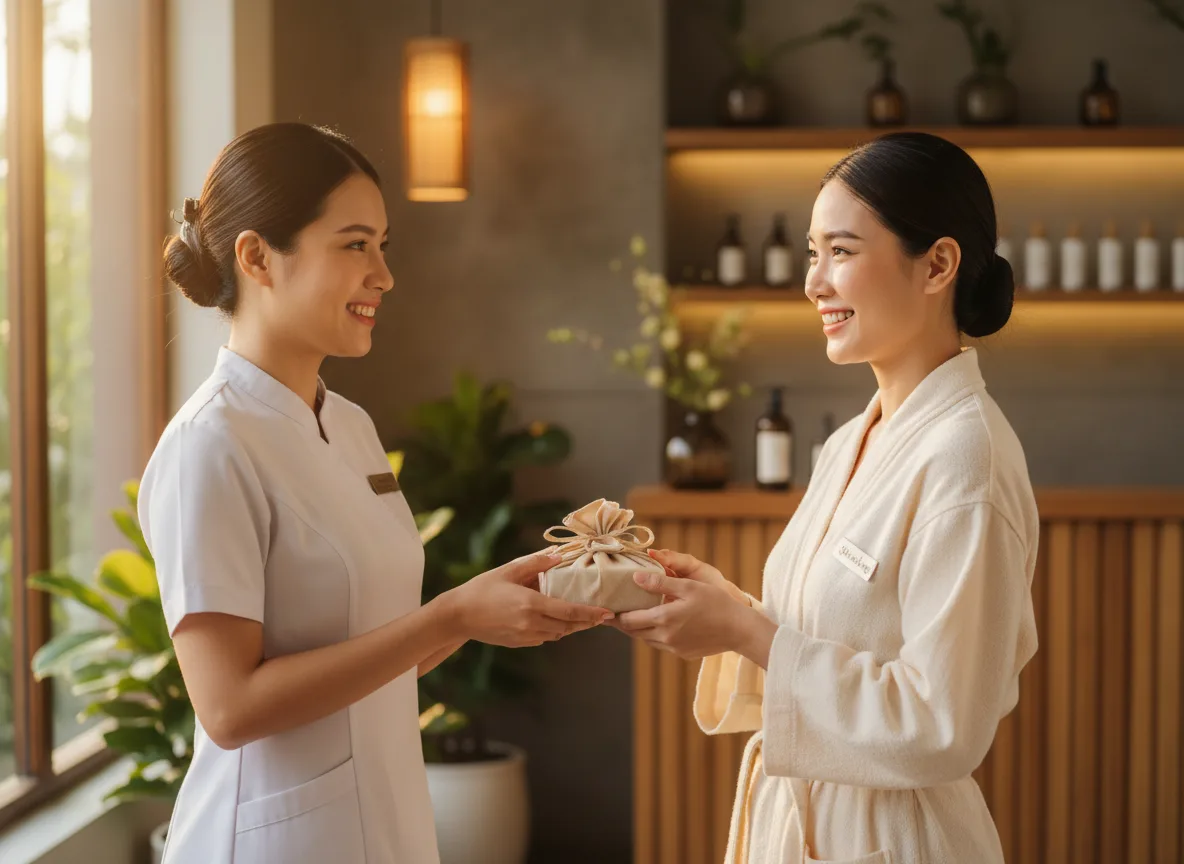 Khách hàng nhận quà tri ân từ nhân viên nhờ áp dụng tốt quy trình chăm sóc khách hàng sau làm cho Spa tại trung tâm thẩm mỹ uy tín.