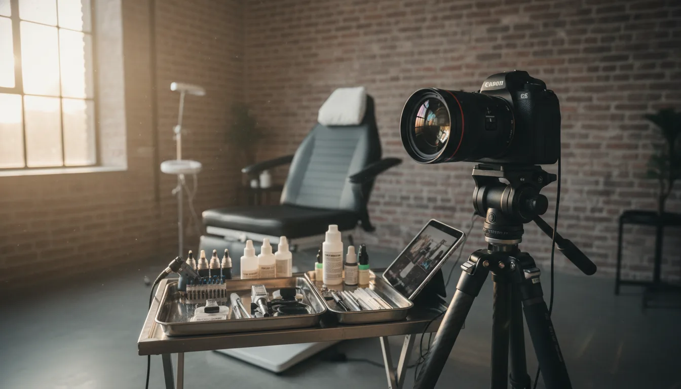 Quy trình chuẩn bị quay video chia sẻ bí quyết pha màu mực phun xăm dành cho các học viên muốn theo đuổi con đường làm đẹp chuyên nghiệp.