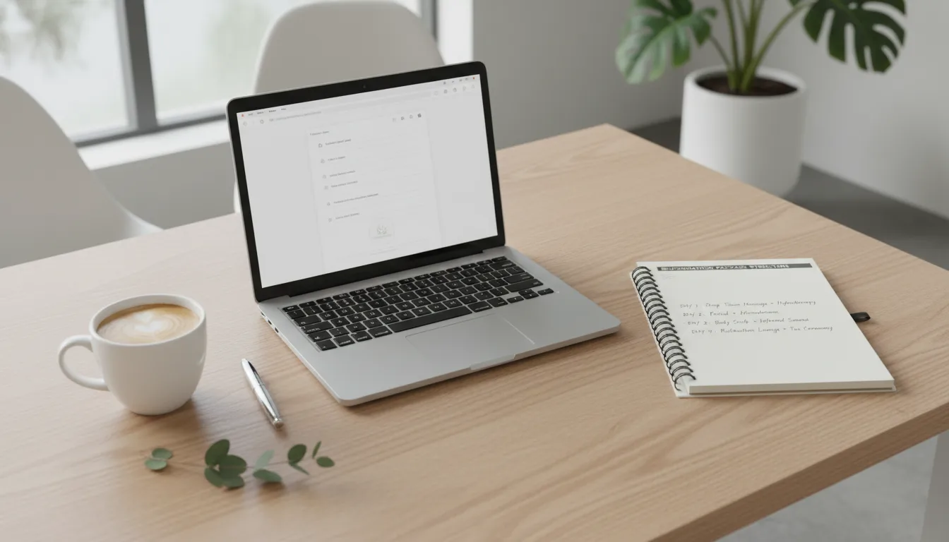 Một chiếc laptop và bản kế hoạch chi tiết về cách bán liệu trình spa hiệu quả đặt trên bàn làm việc hiện đại.