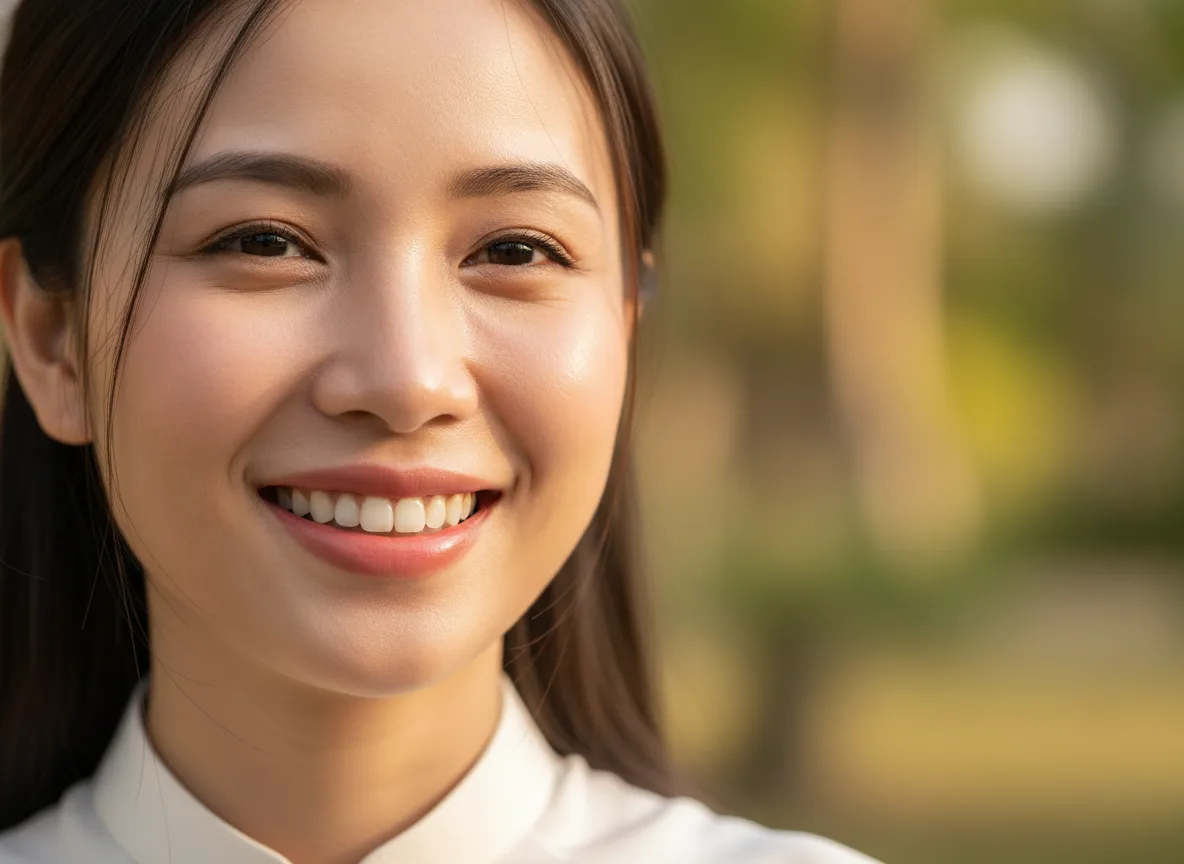 Khách hàng người Việt mỉm cười rạng rỡ sau khi điều trị thành công tình trạng phun môi bị nổi mụn nước.