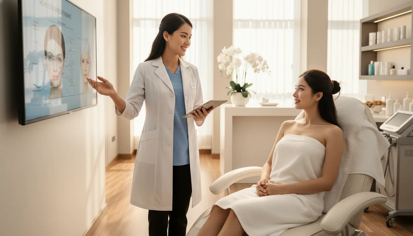 Chuyên gia thẩm mỹ đang tư vấn giải pháp khắc phục phun môi bị nổi mụn nước cho khách hàng tại spa.