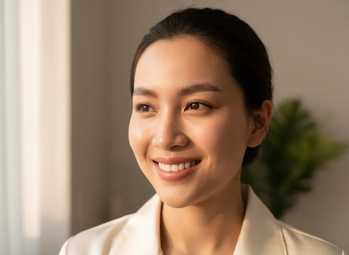 Khách hàng nở nụ cười hạnh phúc sau khi trải nghiệm cách ủ tê không đau giúp quá trình phun chân mày trở nên nhẹ nhàng và thư giãn hơn bao giờ hết.