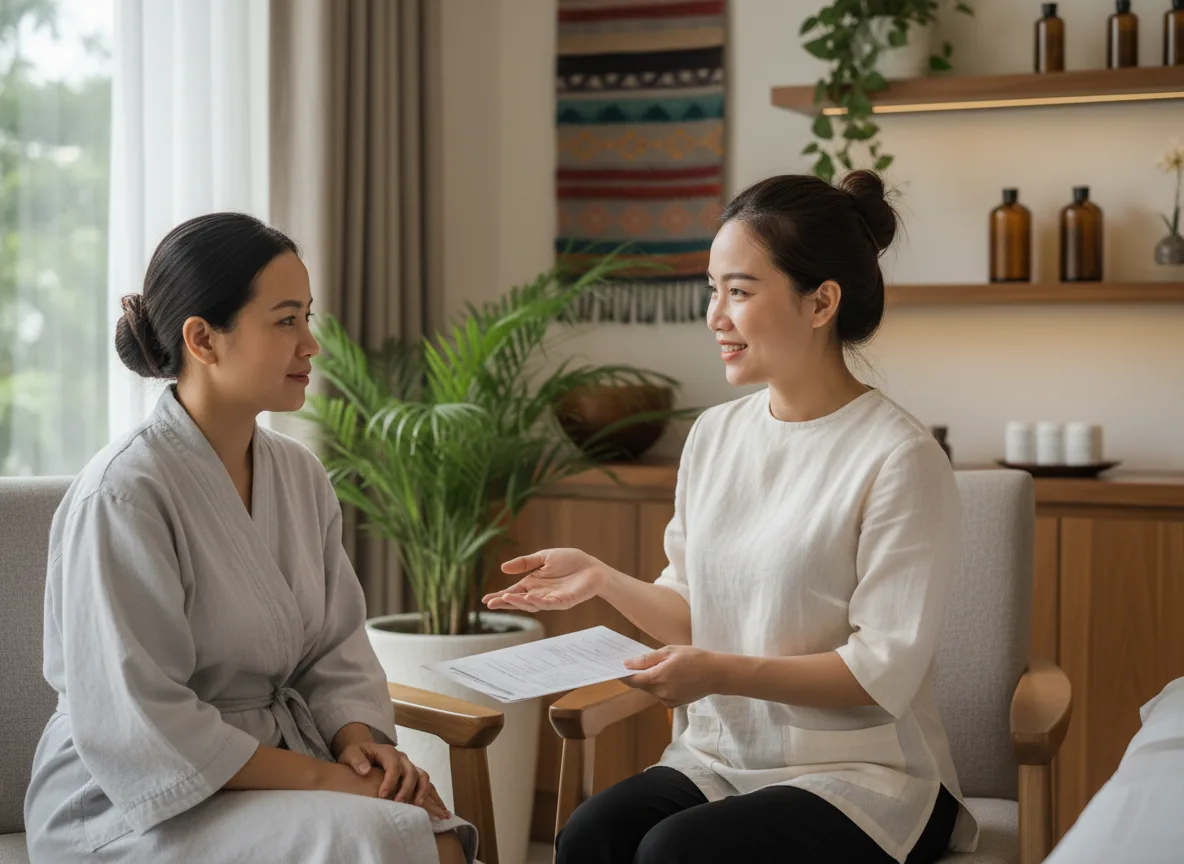 Chuyên viên đang tư vấn kỹ lưỡng về cách ủ tê không đau giúp khách hàng giải tỏa mọi lo lắng về cảm giác đau đớn trước khi thực hiện.