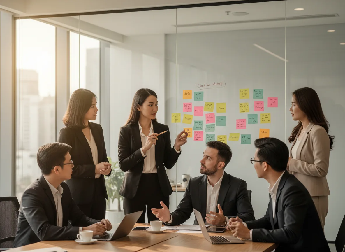 Đội ngũ marketing đang thảo luận sôi nổi về các số liệu thu thập được khi phân tích đối thủ cạnh tranh spa tại văn phòng làm việc.