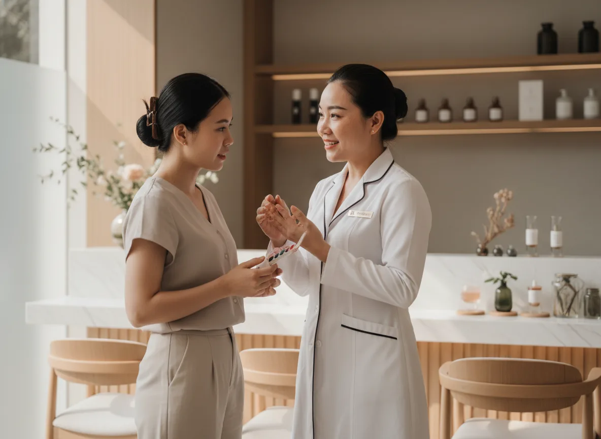 Chuyên gia người Việt đang tư vấn chi tiết về ưu điểm của mực phun xăm hữu cơ cho khách hàng tại thẩm mỹ viện.