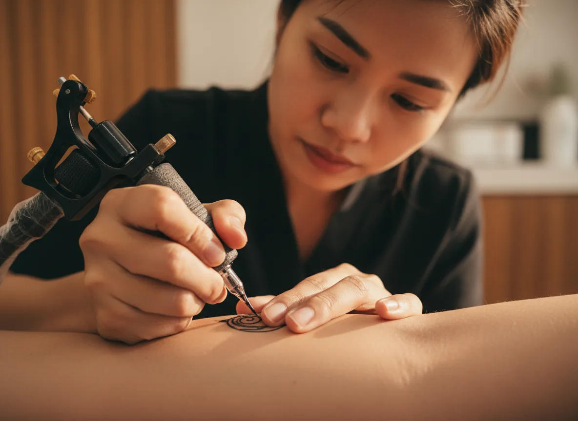 Đôi bàn tay nghệ nhân đang tỉ mỉ sử dụng mực phun xăm hữu cơ để tạo hình lông mày tự nhiên cho khách hàng.