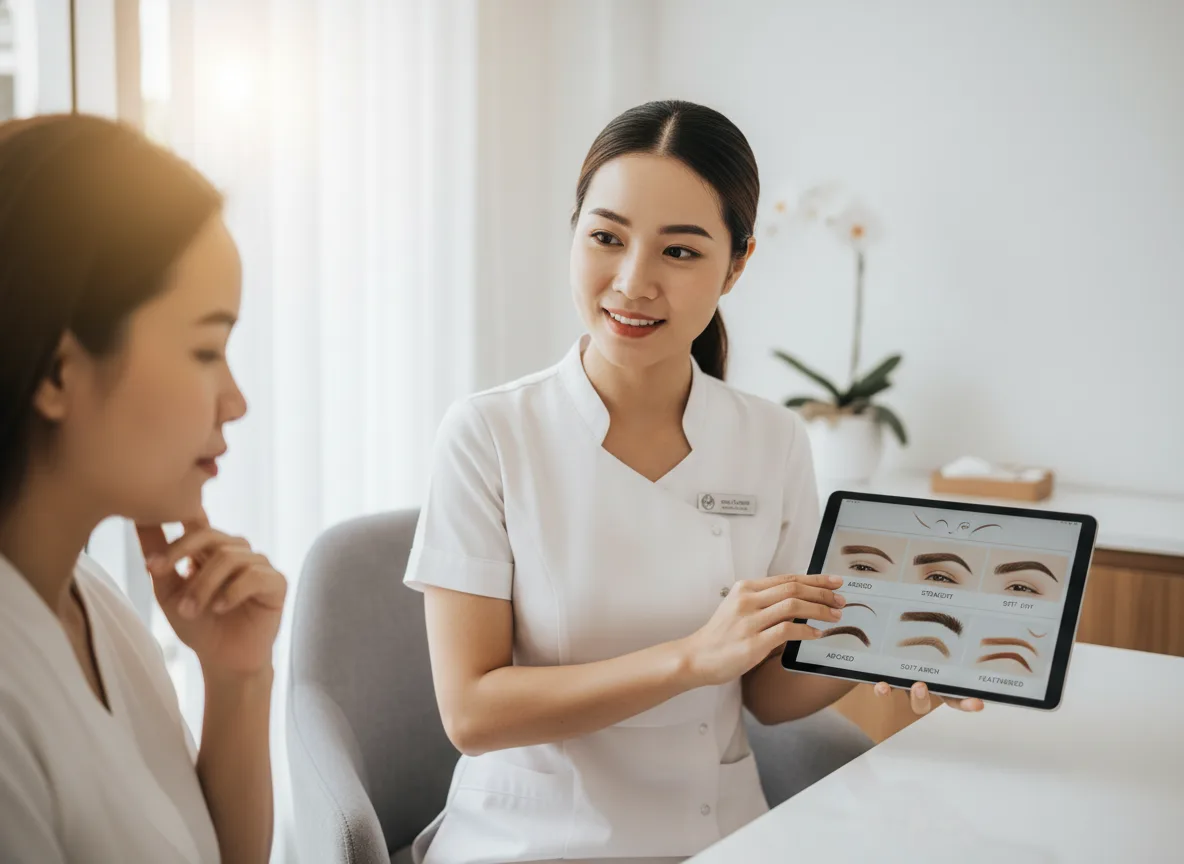 Chuyên gia giải đáp Phun mày Ombre là gì và tư vấn dáng mày phong thủy phù hợp với từng đường nét trên khuôn mặt khách hàng.