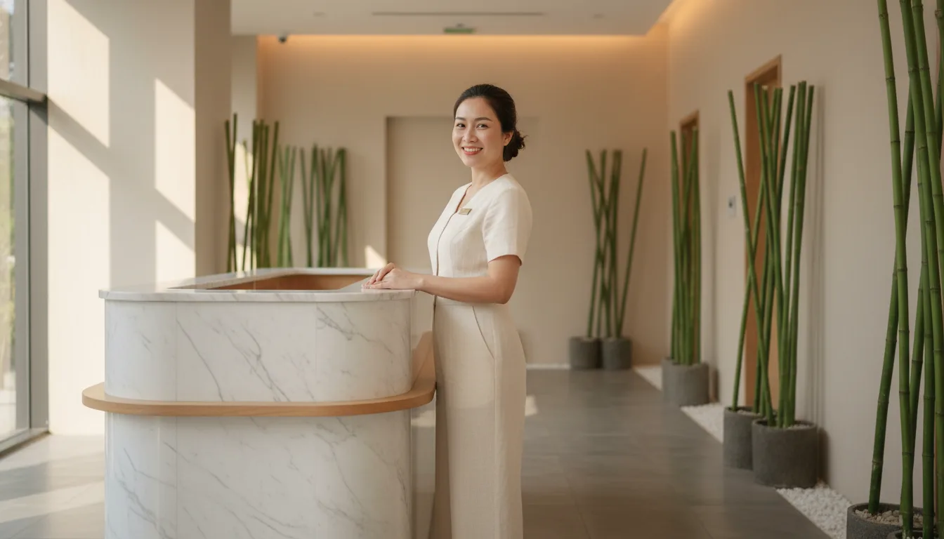 Chủ spa Việt Nam rạng rỡ đón khách, minh họa cho hiệu quả của hệ thống AI Content Matrix cho Spa.