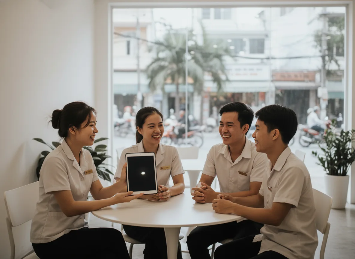 Đội ngũ nhân sự spa thảo luận vui vẻ về kế hoạch AI Content Matrix cho Spa.
