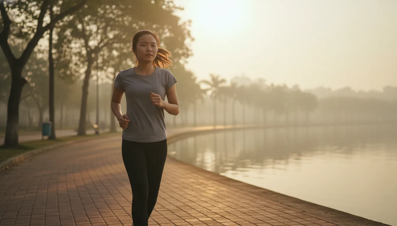 Người phụ nữ Việt Nam chạy bộ rèn luyện sức khỏe buổi bình minh, thể hiện tinh thần bứt phá cùng AI Video Marketing cho Spa vượt trội.